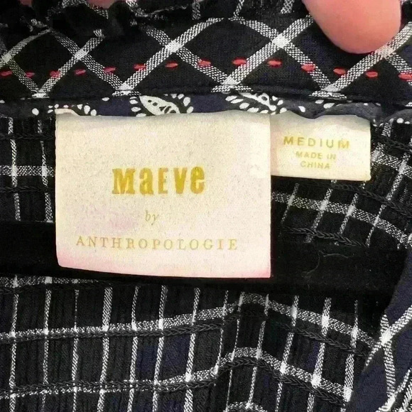 Anthropologie Maeve Dress women’s size medium blue & white check sash 3/4 sleeve - Picture 2 of 5